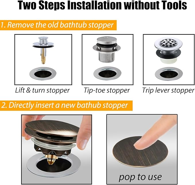 Anlige Bathtub Drain Stopper, Pop Up Tub Stopper and Cover, Bottom with Hair Catcher, Universal for 1.45 to 1.8in Drain, Replaces Old Drain Plug, Oil Rubbed Bronze