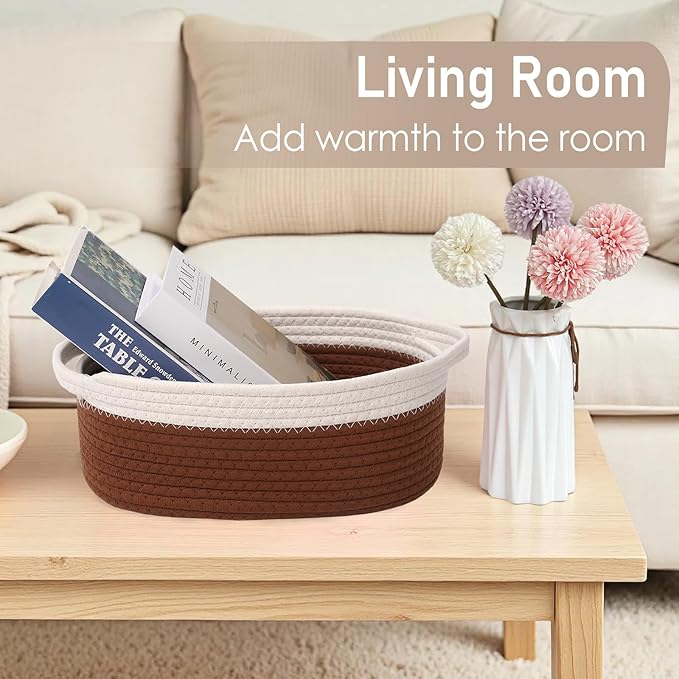JMvicyroam Woven Basket,Small Rope Storage Bin with Handles & Ribbon Bag, Organizer for Shelves Closets,Gift Basket Empty for Birthday,Books,Dog Toys, White&Brown/3 Pack