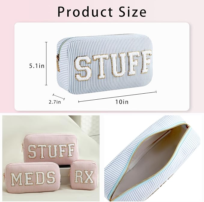 uekeboag Seersucker Chenille Letter Stuff Meds RX Makeup Bag, Travel Washable Purse Organizer with Zipper, Lightweight Toiletry Cute Personalized Preppy Cosmetic Bag For Women and Girls(01Blue Stuff)