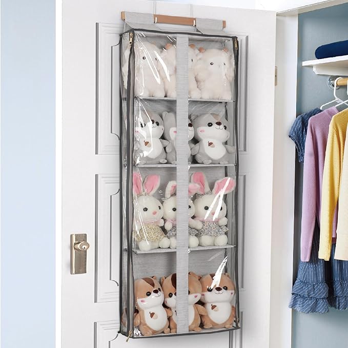 JINOKADI Clear Hanging Handbag Storage Organizer with Zippers, Easy Access Purse,Toy,Yarn,Hat Storage Holder Over The Door Purse Organizer Space Saving 4 Pockets for Closet Bedroom Living Room (Grey)