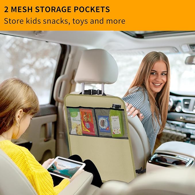 Zecirl 2 Pack Kick Mat Backseat Protector,Back Seat Cover for Kids,Car Seat Back Protectors with 2 Pocket Storage Organizer for Car, SUV, Minivan or Truck Seats (Beige)