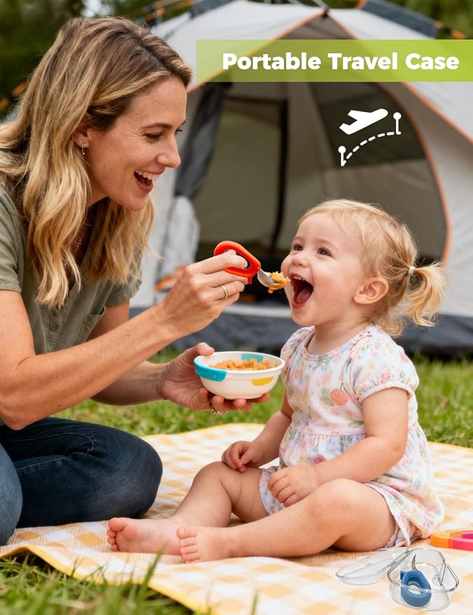 Toddler Utensils, Stainless Steel Baby Forks and Spoons Set with Silicone Handle, Kids Silverware with Portable Storage Case, Baby Feeding Essentials, Dishwasher Safe (Blue+Red)