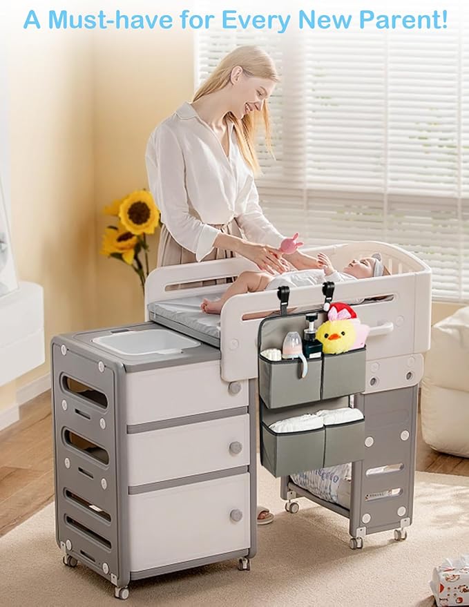 Hanging Diaper Organizer for Crib/Playpen/Bassinet – Hold 80+ Diapers - 4 Deep Pockets-H19in x L15 in Changing Table Diaper Holder - Hanging Diaper Stacker Nursery Caddy Organizer - Grey