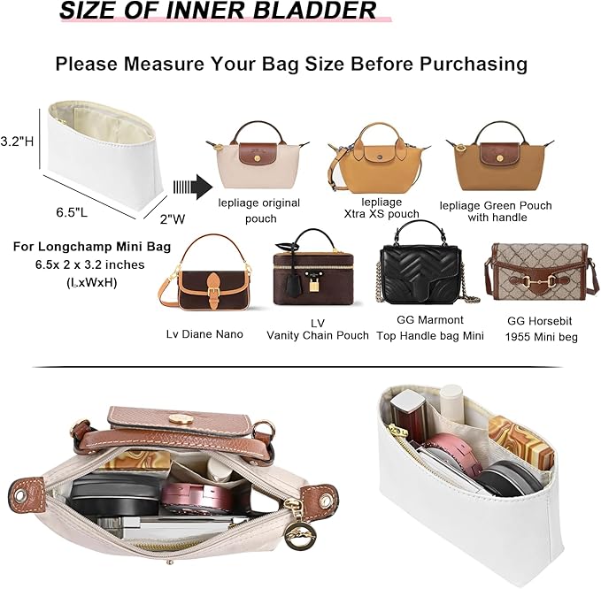 LOUKAYCCI Upgraded Dupont Paper Mini Organizer Insert for Longchamp XS Bag wihte Zipper Purse Insert（Dupont Paper,Withe）