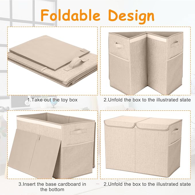 Fiwochic 3 Pack 23" Large Toy Storage Box with 11" Cubes Bins, Collapsible Toy Organizer Chest with Lids for Kids Nursery Playroom Bedroom Living Room Christmas Ornament Storage Box(Beige)