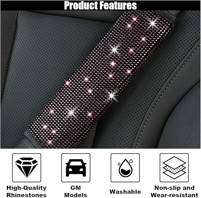 2PCS Bling Car Seat Belt Shoulder Pads, Bling Rhinestones Seat Belt Covers for Women, Car Seatbelt Strap Pad with Crystal Diamond, Car Interior Accessories for Car SUV (Pinnk Diamond)