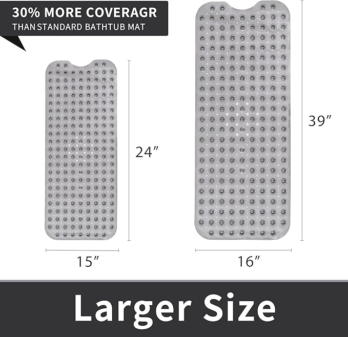 ROSMARUS Extra Long 16” x 39” Non-Slip Bathtub Mat, Shower Mat for Tub with Suction Cups and Drain Holes Bathtub Mats for Kids, Baby, Bathroom Shower Floor Mat Anti Slip Bathtub Accessories, Grey