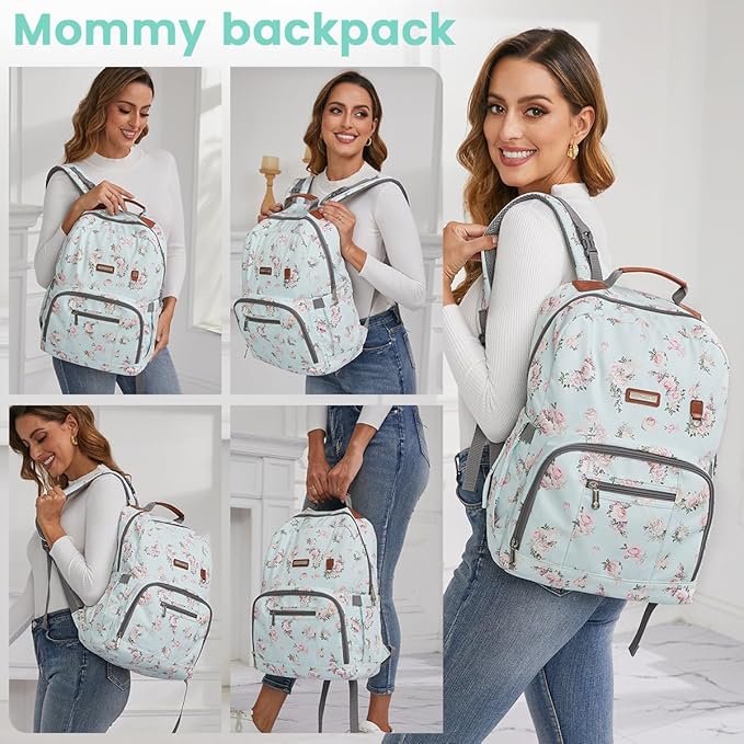 BILLITON MASHI Diaper Bag Backpack, Large Baby Nappy Bags with Portable Changing Pad for Boys and GirlsMultifunction Travel Baby Bag for Moms Dads, Shower Gifts Waterproof and Stylish，Flower Green