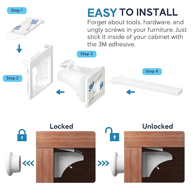 Pack of 36 Magnetic Cabinet Locks for Child Safety with 9 Keys, 3M Adhesive Easy Installation, Baby Proofing Magnetic Locks for Cabinets and Drawers (36 Locks + 9 Keys)