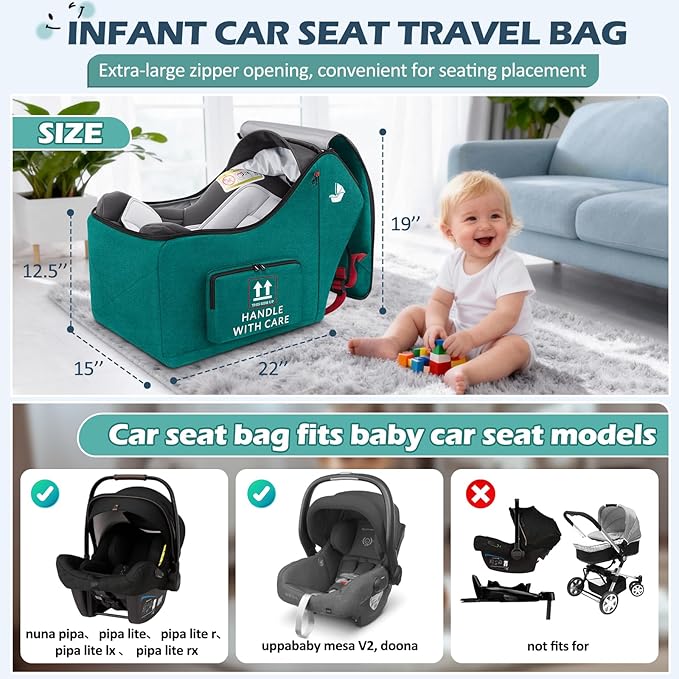 RAINSMORE Infant Car Seat Travel Bag for Airplane Compatible with All Nuna Pipa Car Seat and Base Chicco KeyFit 30 and Base Padded Car Seat Backpack for Travel Carseat Gate Check Bag with Side Pocket