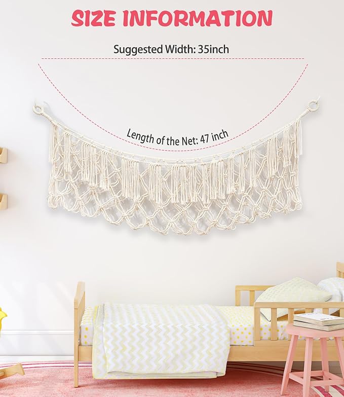 Stuffed Animal Net Hammock, Premium Cotton Hand-knitted plush hammock, Save space Eliminate Clutter Boho Stuffed Animal Storage for Nursery, Bedroom Decor, playrooms