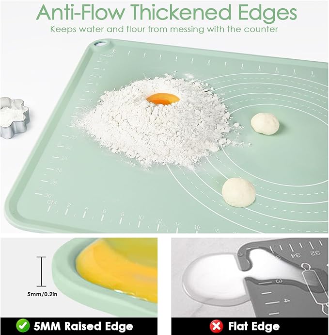 Silicone Pastry Mat, Non Slip Dough Mat with Measurements and Raised Edges, Food Grade Silicone Countertop Baking Mat for Rolling Dough, Kneading Bread, Cookies, Pizza, Pie Crust