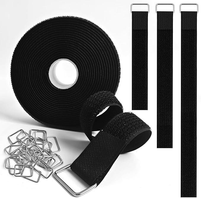 1 Inch x 16 Ft Hook and Loop Straps, 25 Metal Buckles, Adjustable Reusable Securing Cord Ties, Freely Cut-to-Length Cinch Strap, Suitable for Organization and Storage