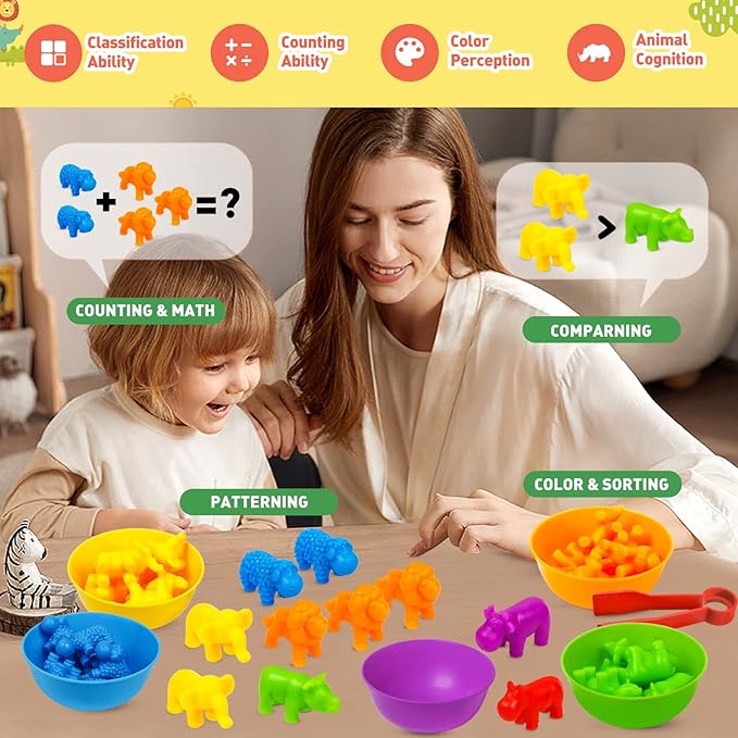 NAODONGLI Counting Animals Color Sorting Stacking Matching Games with Rainbow Bowls Montessori Preschool Educational Learning Activities Fine Motor Skills Toys Easter Gift for Toddlers Ages 3+