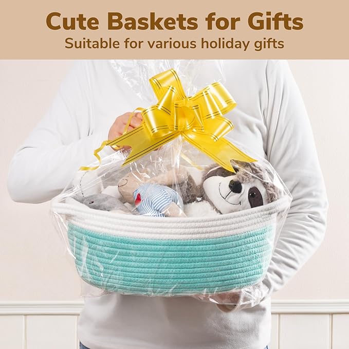 Goodpick Easter Basket Empty to Fill, Small Woven Basket with Handles for Organizing, Baby Dog Toy Laundry Baskets, 12"x 8" x 5", Blue