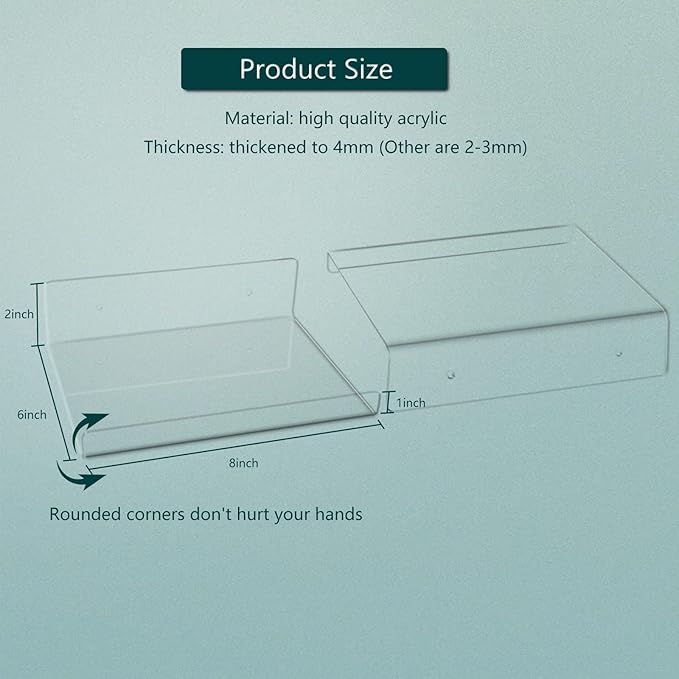 DingCo Floating Acrylic Shelves, 8X6 Inch Clear Wall Shelf, Small Plant Shelves, Picture and Toy Display Stand (No Drill, 2 Pack)