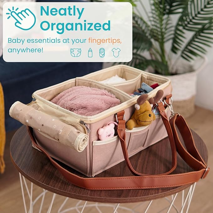 Baby Diaper Caddy Organizer with Lid, Multiple Compartments Baby Caddy, Waterproof Diaper Tote Bag for Infants, Travel Baby Bag for Must Haves, Baby Gift Basket for Newborn Essentials
