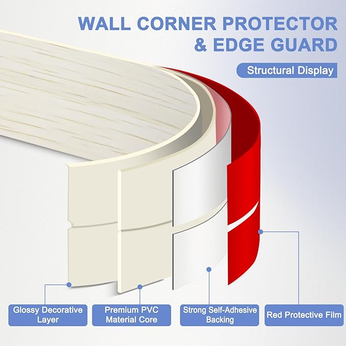 Wall Corner Protector Moulding Trim Peel and Stick Wall Corner Guards Trim Flexible Self Adhesive Edge Protector Moulding, 2.4 in x 20 Ft, Beige Wood