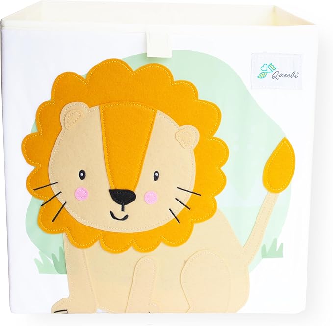 Queebi Storage Cube- Organizer for Nursery, Playroom, Bedroom, Closet. Foldable Box 13x13x13 inches. Children's Toy Box, Diaper Caddy, Clothing Basket, Book Bin, Baby Essentials & Gift (Lion)