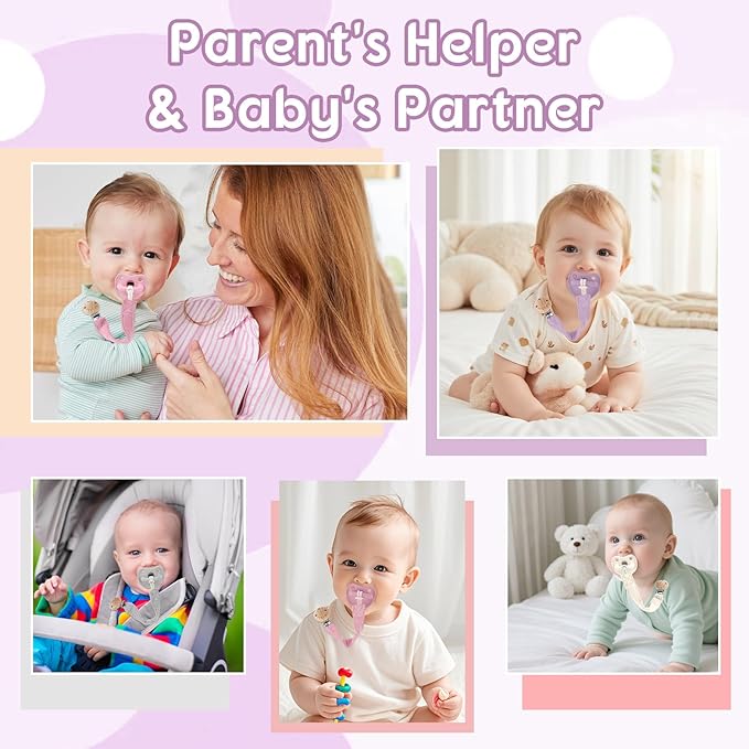 TYRY.HU Ribbon Baby Pacifier Clip Holder, 2 Pack Binky Paci Holder Clips, Pacifier Leash, Universal Binky Leash, Creamy White & Purple