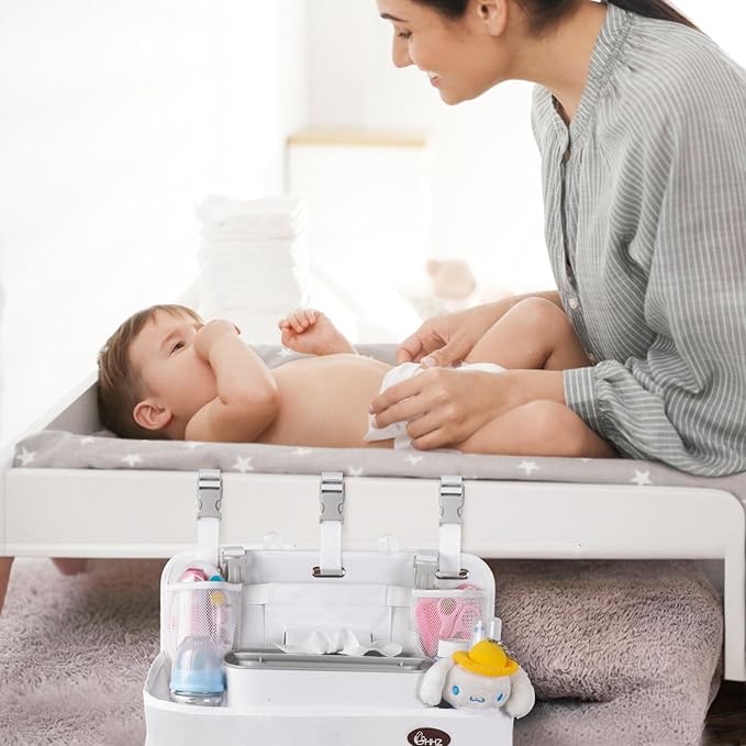 HHZ XL Hanging Diaper Caddy Organizer –Sturdy and Durable Baby Organizer – Diaper Stacker for Changing Table, Crib, Playard or Wall & Nursery Organization （White）