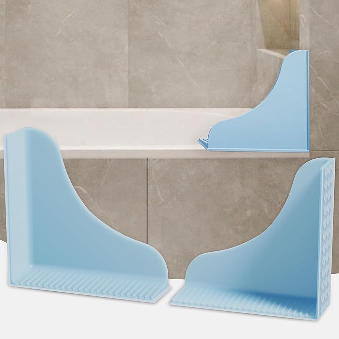 No-Adhesive 2-Pack All-Silicone Shower Splash Guard with Strong Suction Cups, Reusable One-Piece Bath Tub Corner Water Blocker for Secure Seal&Easy Removal，Keep Water in Shower or Bath, Baby Blue