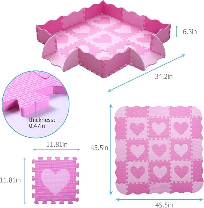 Tamiplay Foam Play Mat for Kids, 25pcs Square Interlocking Puzzle Floor Mat, Baby Toddler Playmat with Fence - Pink Heart
