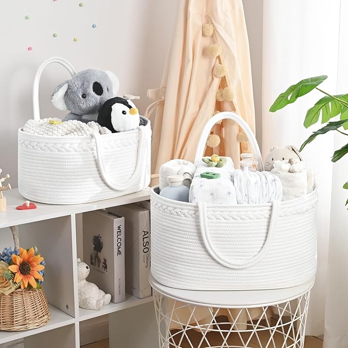 13.5L Baby Diaper Caddy Organizer, 15.3"x9.8"x7" Cotton Rope Diaper Basket, Changing Table Storage Caddy With Removable Divider, Baby Basket for Nursery, Car, Diapers, Baby Shower Gifts for Newborn