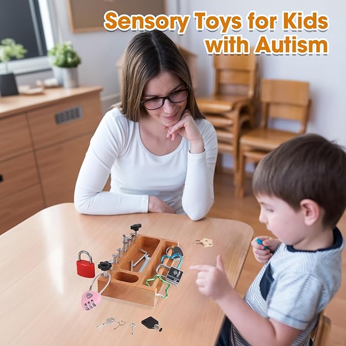 TOUHKAN Montessori Busy Board Kids Tool Set, Montessori Screwdriver Board Lock and Key Toy, Sensory Toys for Kids with Autism, Sensory Bin Fine Motor STEM Quiet Fidget Toys for Toddlers 3 4 5