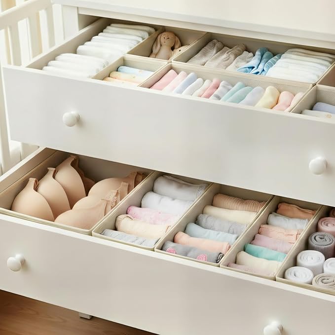 Drawer Organizer Set 4 Pack - Foldable 11" Fabric Storage Bins with Zipper Bottom for Underwear Socks Bras Baby Clothes - Closet Dresser Dividers for Bedroom Nursery, Khaki