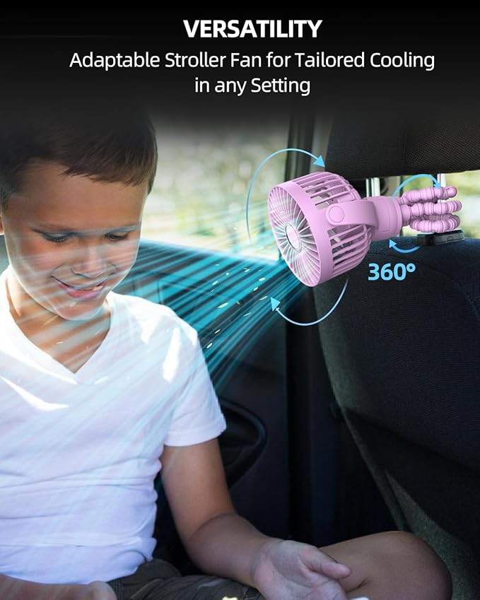buywoo Portable Stroller Mini Fan, Small Rechargeable Personal Cooler w/ 360° Rotation, 3-Speed, Battery Powered Stroller Accessories, Baby Essentials for Car Seat, Crib, Bike, Treadmill, Plum