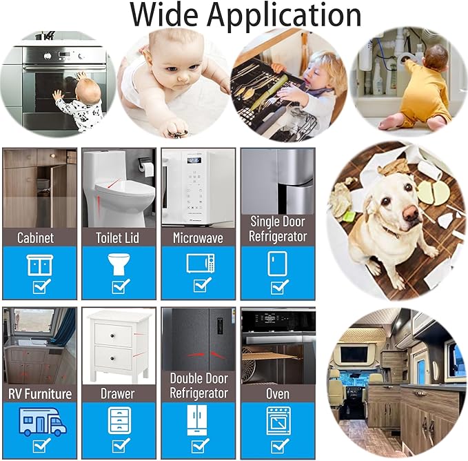 4-Pack Fridge Lock, Adjustable Baby Proofing Straps for Drawer, Dishwasher, Toilet Seat, Cupboard, Oven, Trash Can, Cabinet, Freezer Latch to Keep Door Closed for Toddler Cat Dog, No Drill