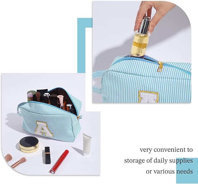 YOOLIFE Initial Makeup Bag for Women - Monogram Cute Makeup Bag Cosmetic Case Toiletry Pouch for Women Her Best Friend Sister Teacher, Personalized Birthday Gifts for Women, Light Blue V