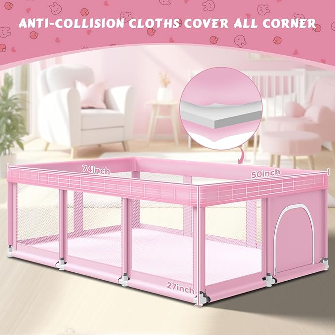 Fshibila 74" ×50" Large Baby Playpen, Baby Playard for Babies and Toddlers, Play Pens for Indoor & Outdoor, Sturdy Safety Play Yard with Soft Breathable Mesh, Anti-Fall, Pink