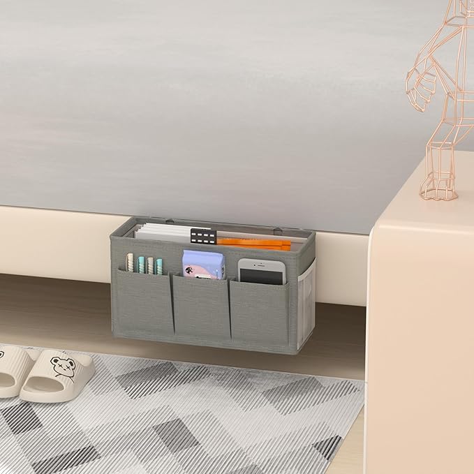 Edudif Dual-purpose Bedside Caddy Bedside Organizer, Bed Caddy with 6 Pockets, Versatile Bedside Storage Solution Magazine Remotes holder, ideal for Home, Dorm, Hospital, Crib Bed (Grey)