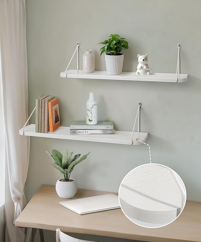 Afuly White Floating Shelves, 24 inch Long Shelves for Wall, Hanging Storage Shelf for Kitchen Bedroom Living Room, Wood Chic Wall Decor, Set of 2