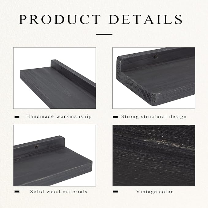 Freezing point Floating Shelves for Wall Set of 2 Natural Wood 16Inch Wall Shelf Decor Plant Display Collectibles Mounted Kitchen Bathroom Bedroom Corner Decorative Storage Stand Black