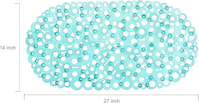 WELTRXE Oval Bathtub Mat Non Slip, Clear Teal Bubbles Bath Mats for Tub, Shower Mat with Drain Holes, Suction Cups, Machine Washable Bath Tub Mat, BPA, Latex, Phthalate Free for Bathroom, 27 x 14 Inch
