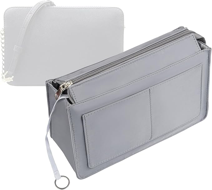 Vercord Purse Organizer Insert with Zipper for Women Hobo Handbags Shaper Insert 12 Pockets Bag Grey Medium