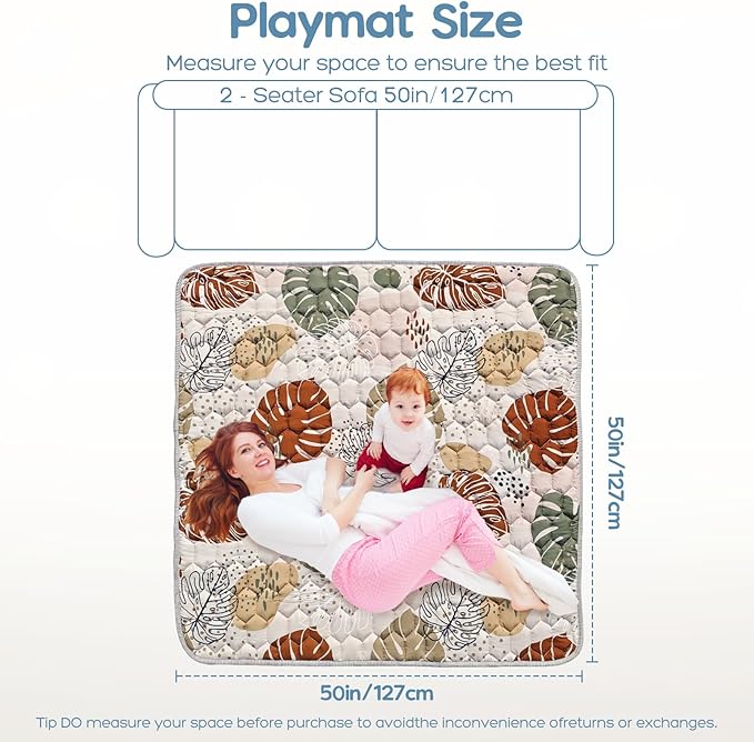 FLAGAV Baby Play Mat for Infants and Toddlers, Machine Washable, 50" x 50" Playmat, Soft Cushioned Floor Mat for Crawling, Tummy Time
