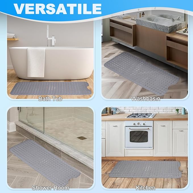Bathtub and Shower Mats, 40x16 Inch Extra Large Non Slip Soft Bath Tub Mat with Suction Cups and Drain Holes for Bathroom Floor and Keep Tubs Clean, Machine Washable, Gray