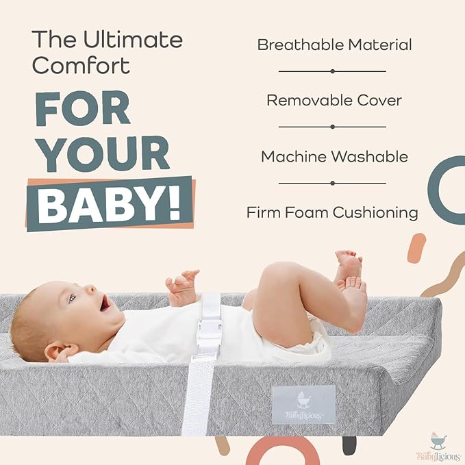 Contoured Baby Changing Pad – Waterproof & Breathable Diaper Changing Pad | Removable Washable Cover, Non-Slip Base & Safety Strap | Standard Size for Dresser & Changing Table Pads