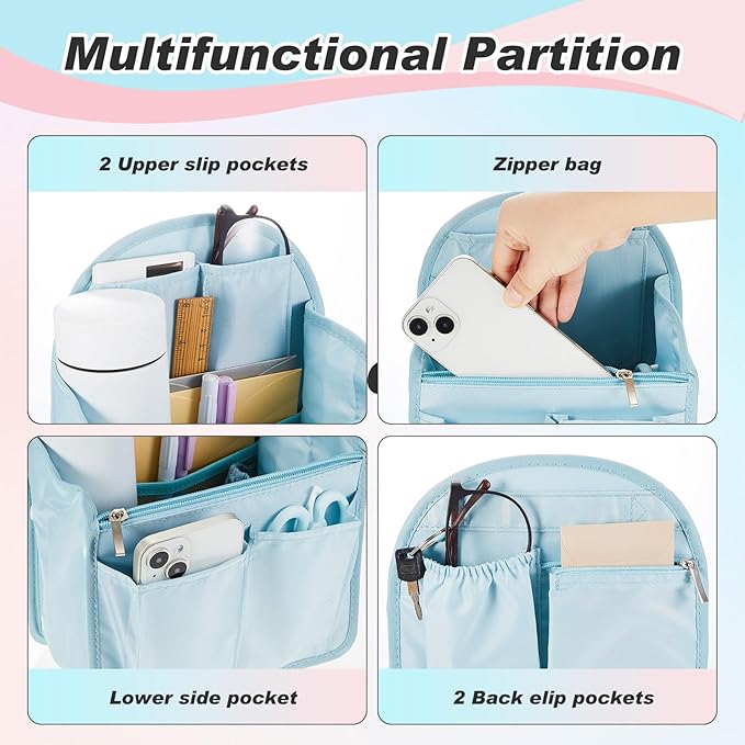 Dansydaisy Mini Backpack Organizer Insert Waterproof Purse Insert Nylon Bag Organizer with Many Pockets for Men and Women, Fits Small Backpacks