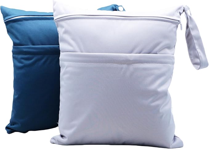 Asenappy 2pcs Cloth Diaper Wet Dry Bags Waterproof Reusable with Two Zippered Pockets Travel Beach Pool Daycare Soiled Baby Items Yoga Gym Bag for Swimsuits or Wet Clothes (3036-2-greyblue)