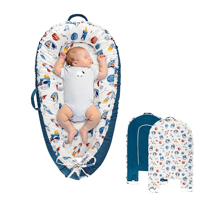 Jundetye Baby Lounger Cover for Boys Girls, Reversible Baby Nest Cover, Adjustable Baby Lounger Replaceable Cover for Infant Newborn, Portable and Machine Washable, Cotton Blue Rocket Cover Only