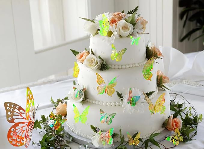 JOSDIOX 3D Laser Gold Butterfly Wall Stickers - 48 Pcs with 4 Styles & 3 Sizes, Removable Decor for Party Birthday Wedding Cake Balloon Decoration (48 Laser Gold)