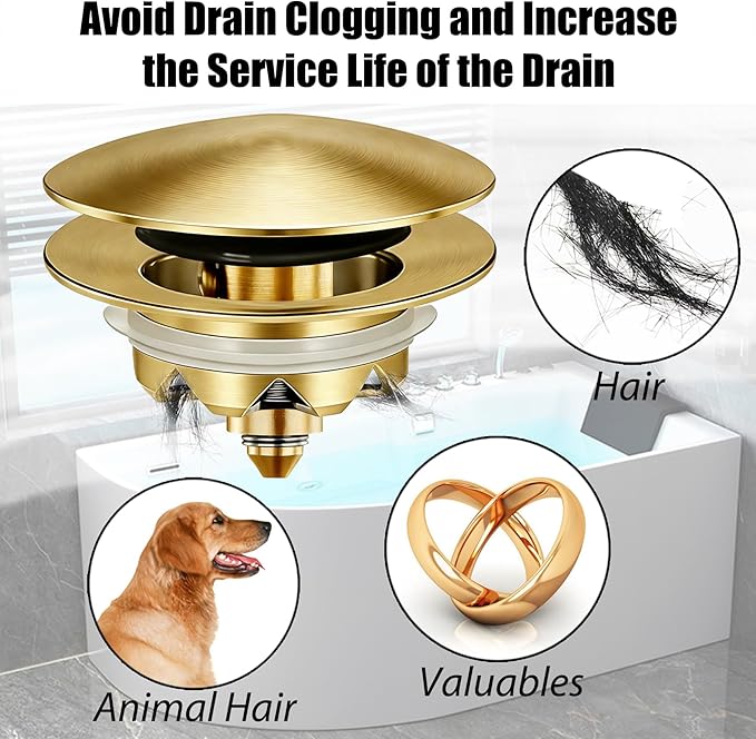 Bathtub Drain Stopper, Pop Up Tub Stopper and Cover, Bottom with Hair Catcher, Universal for 1.45 to 1.8in Drain, Replaces Old Drain Plug, Brushed Gold