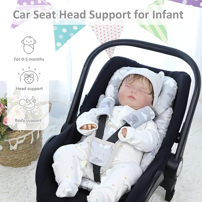 TANOFAR Car Seat Head Support Baby - Infant Car Seat Insert for Newborn Girls Boys - Soft Carseat Head Support for Infant - Newborn Carseat Insert for Car Seats, Strollers, Swings, Bouncer (Elephant)