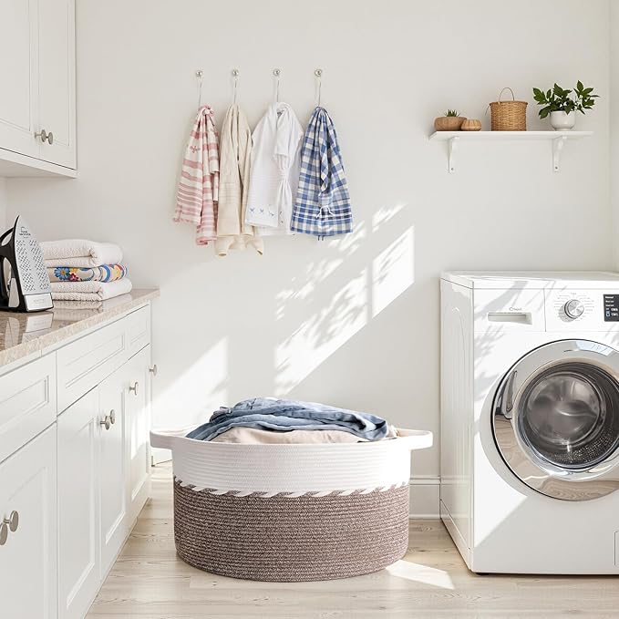 OIAHOMY 90L Blanket Basket for Living Room, Large Basket 23" x 23" x 13" with Handle, Laundry Hamper for Blankets, Pillows, Toy Storage for Kids, Dogs - Brown & White