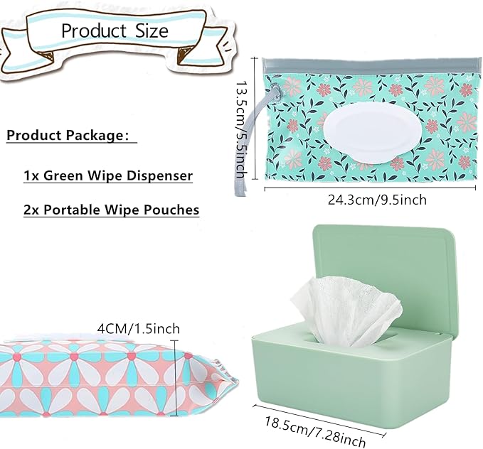HFHungkeong Wipes Dispenser with 2Pcs Portable Refillable Wipe Holder,Reusable Large Wipe Holder Box Flushable Wipes Case Bathroom Wipes Container for Pet Nursery Kitchen Office Counter(Green)